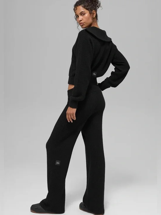 Alo Cashmere High-Waist Plush Waffle Pant in Black SZ M - Picture 8 of 13